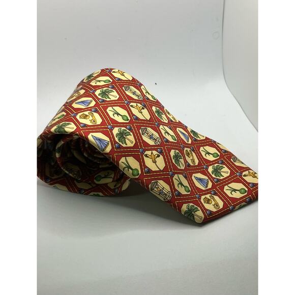 Vintage English Sports Shop Bermuda Neck Tie Red Yellow Tropical Palm Italy 3.5" - Picture 2 of 8